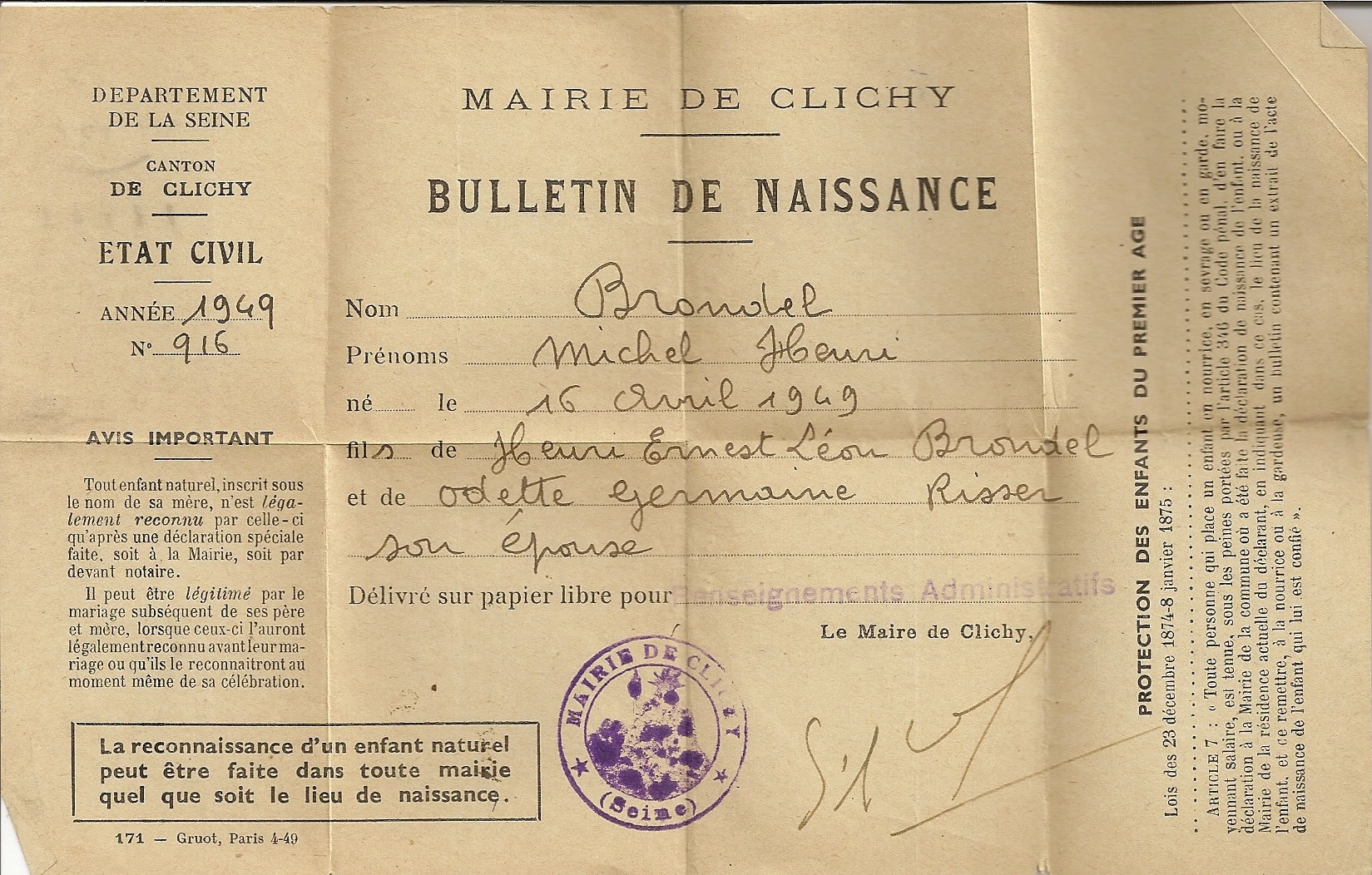 1949 - Bulletin de naissance